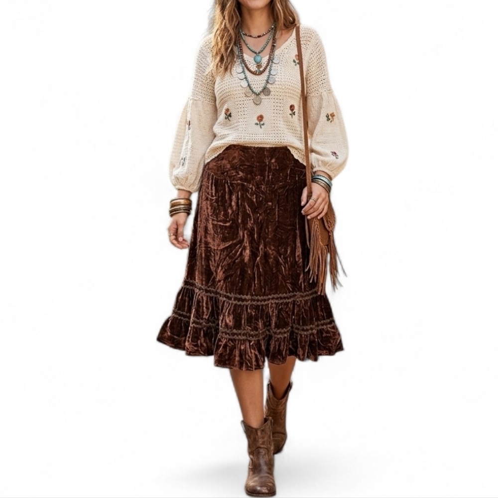 Namine Brown Velvet Silk Blend Midi Skirt Boho Ruffle Tiered Romantic Fairy